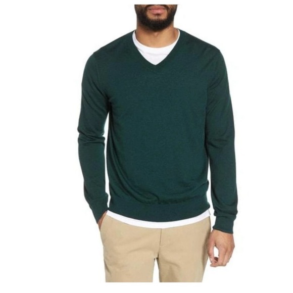 Vince Men's M Slim Fit 100% Cashmere V-Neck Sweater In Deep Forest Green